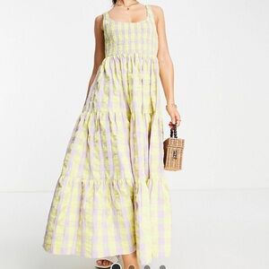 Shirred maxi dress with tiers in lilac / lemon check